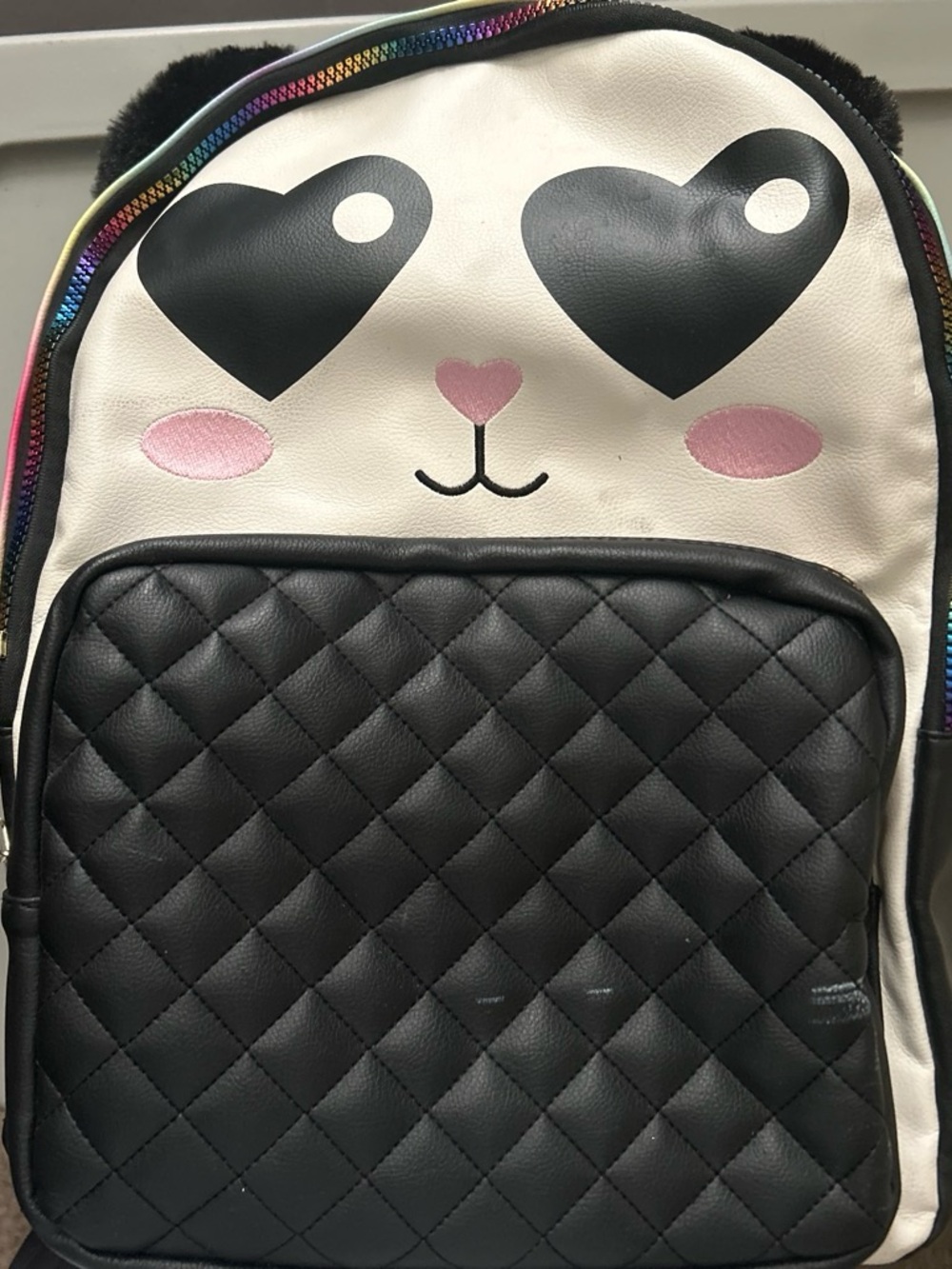 Heart-Eye Panda Quilted Backpack - Black & White with Pink Accents